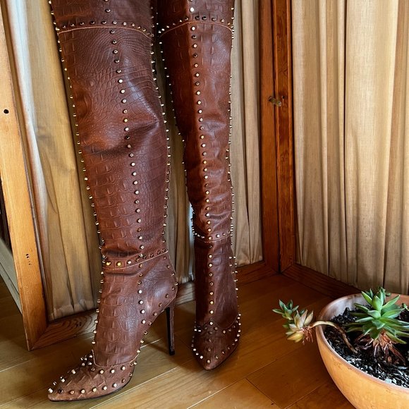 Jennifer Le Shoes - JENNIFER le Thigh High Boots Studden Leather Suede Designer Stilletto Heels